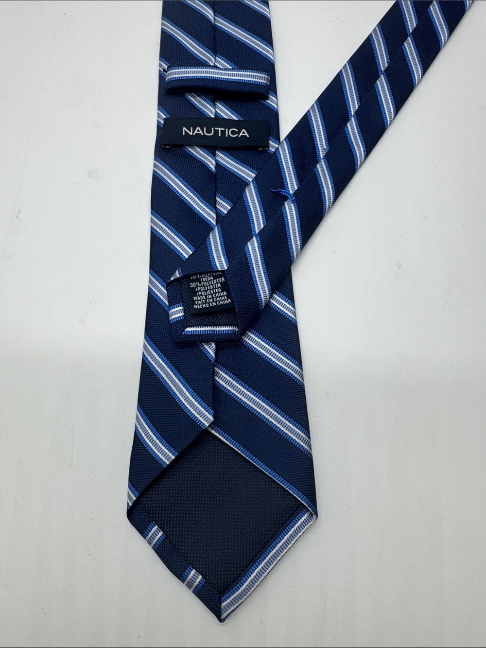 Nautica Navy Blue Striped Tie with Light Blue and White Accents #0137